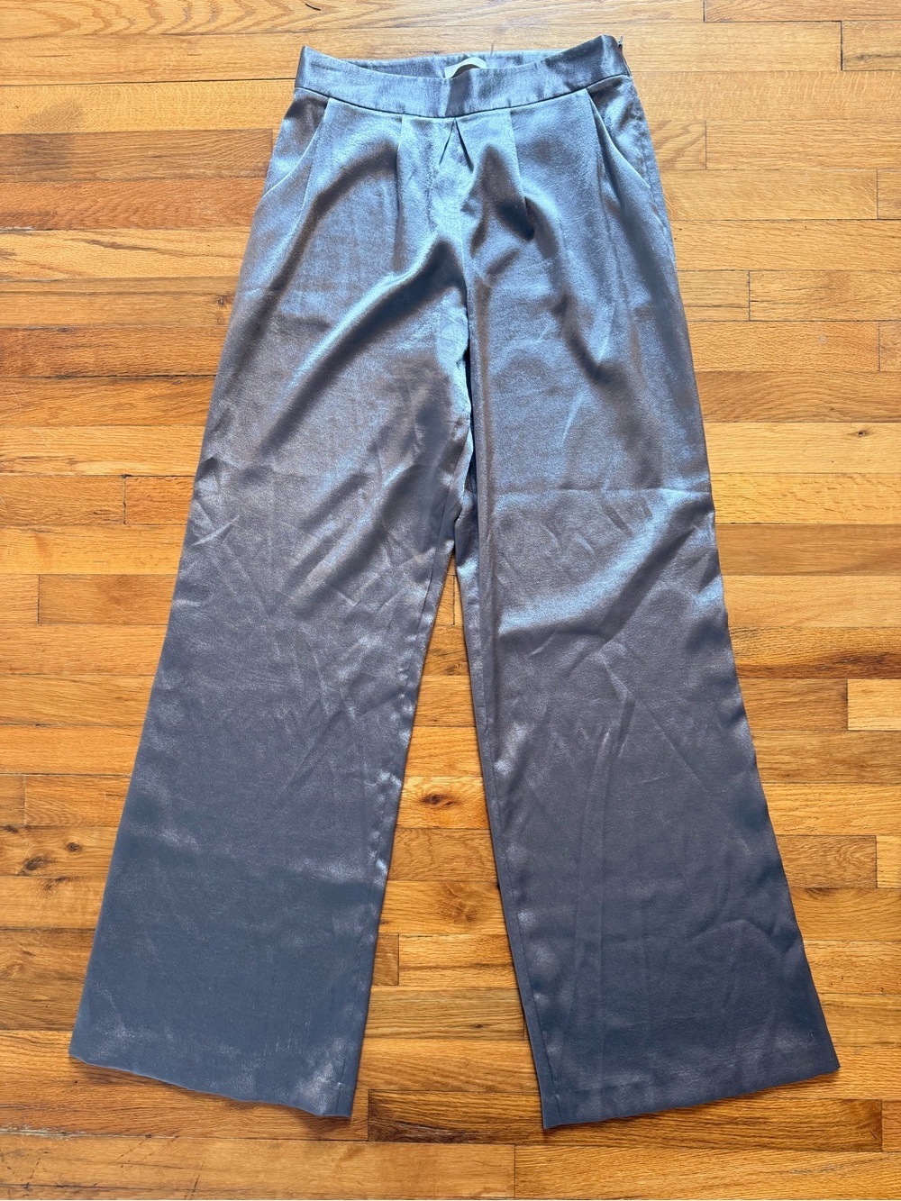 Ramy Brook Metallic Silk Wide Leg High Rise Trouser Pants Silver size 8